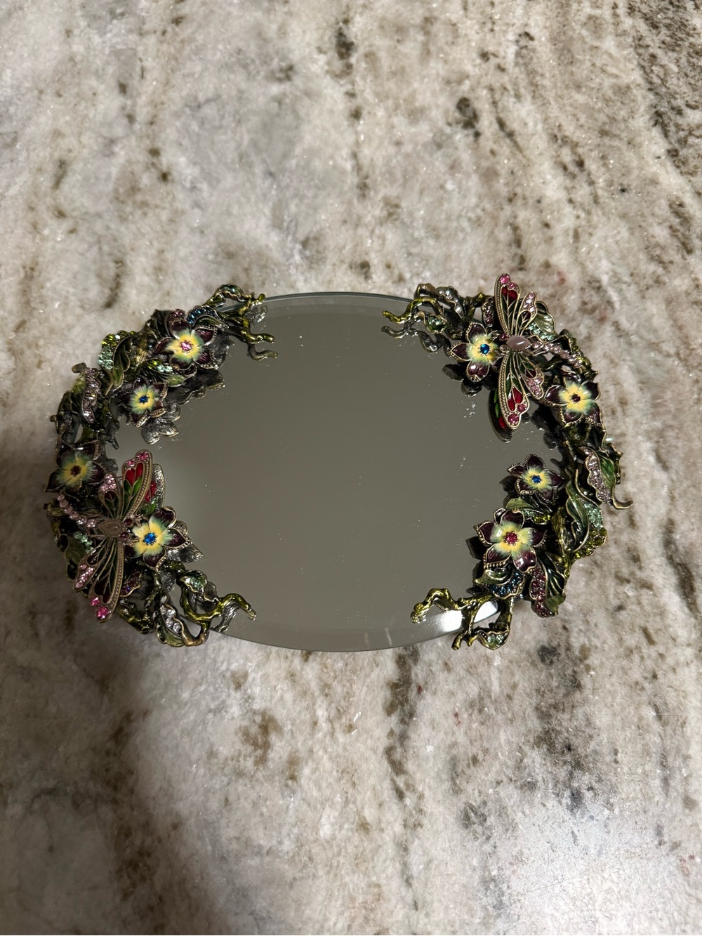 Jeweled Dragonfly Mirrored Vanity Tray 7.5” x 5”